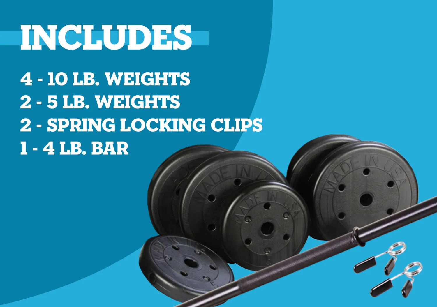 55 lb. Weight Set with 54-inch Bar, Clips, and Weight Plates
