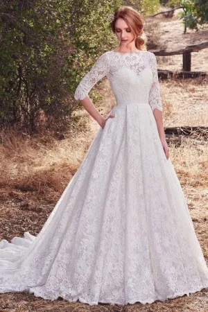 A-line Full Lace Wedding Gown with Half Sleeves