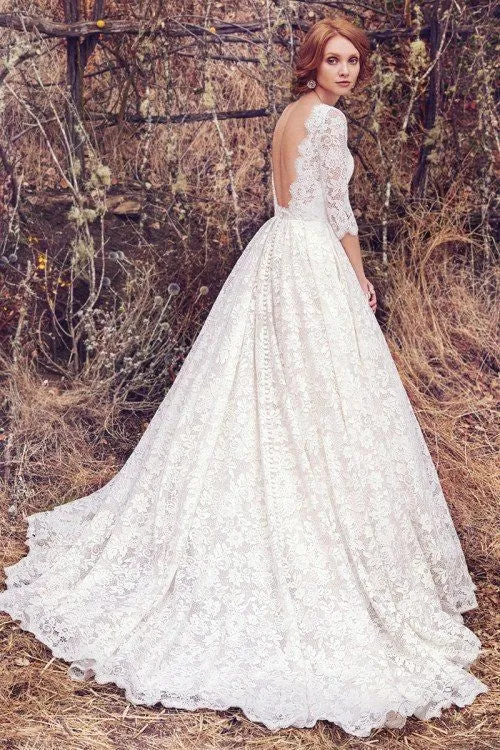 A-line Full Lace Wedding Gown with Half Sleeves