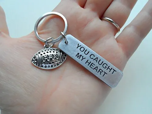 Aluminum Engraved Keychain Tag with Football Charm, Engraved with "You Caught My Heart"