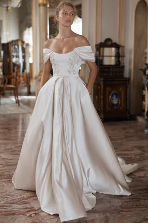 Beaded Appliques Satin Wedding Gown with Ruched Off-the-shoulder