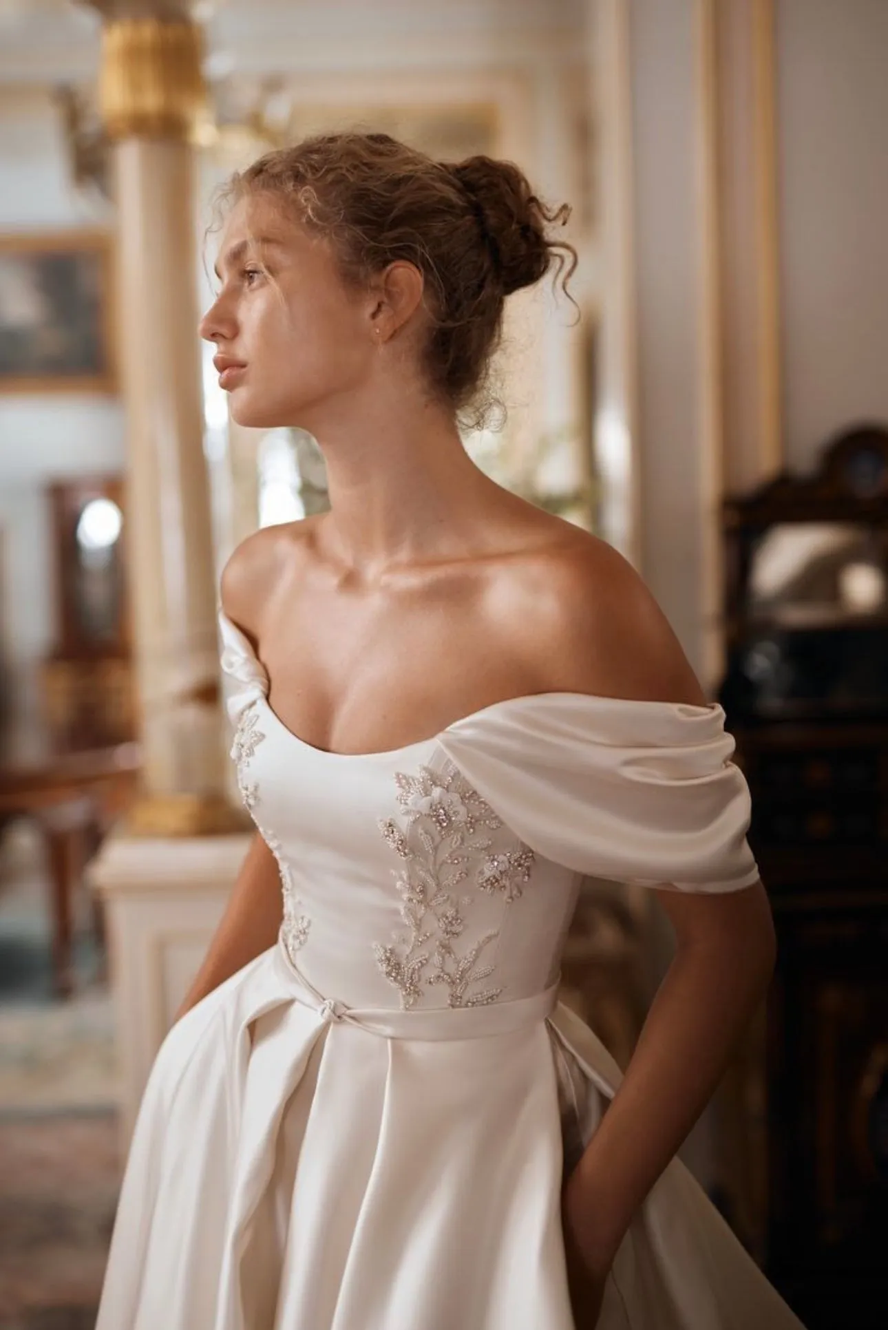 Beaded Appliques Satin Wedding Gown with Ruched Off-the-shoulder