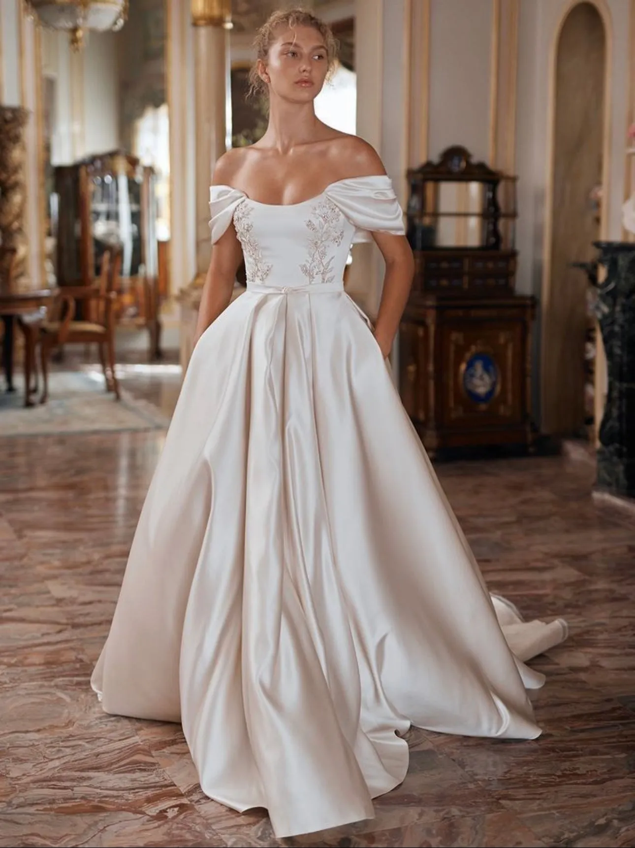 Beaded Appliques Satin Wedding Gown with Ruched Off-the-shoulder