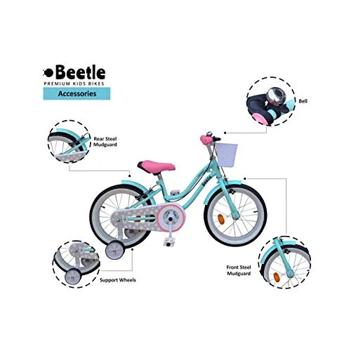 Beetle Bubblegum, 16T, Kids Bike for 5-7 Year olds, Single Speed Cycle with Front Basket and Support Wheels, Height: 3 feet to 4 feet, Blue.