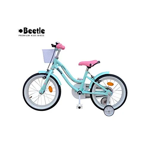 Beetle Bubblegum, 16T, Kids Bike for 5-7 Year olds, Single Speed Cycle with Front Basket and Support Wheels, Height: 3 feet to 4 feet, Blue.