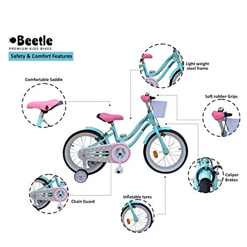 Beetle Bubblegum, 16T, Kids Bike for 5-7 Year olds, Single Speed Cycle with Front Basket and Support Wheels, Height: 3 feet to 4 feet, Blue.
