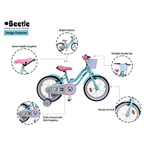 Beetle Bubblegum, 16T, Kids Bike for 5-7 Year olds, Single Speed Cycle with Front Basket and Support Wheels, Height: 3 feet to 4 feet, Blue.