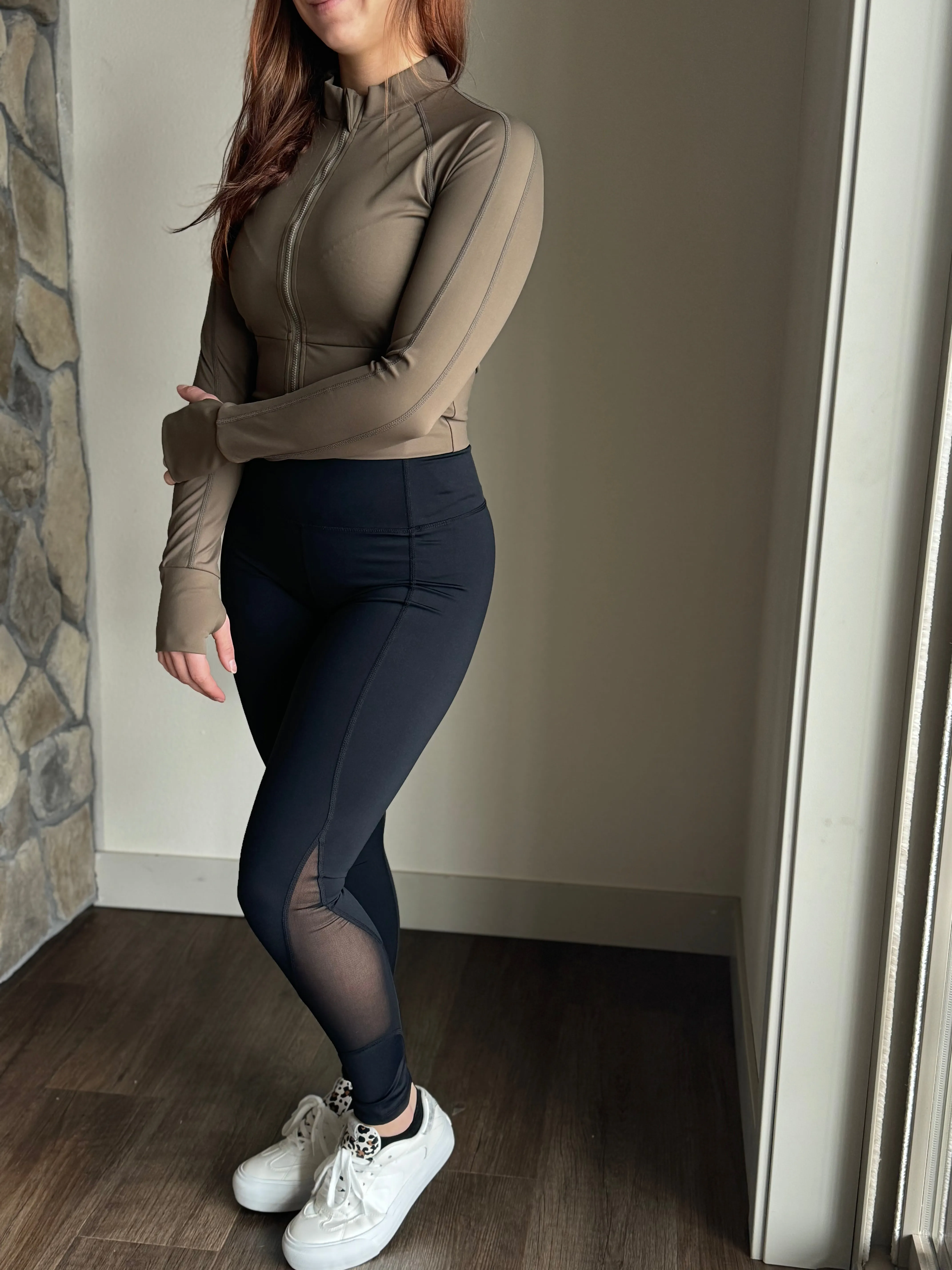 black leggings with mesh panels