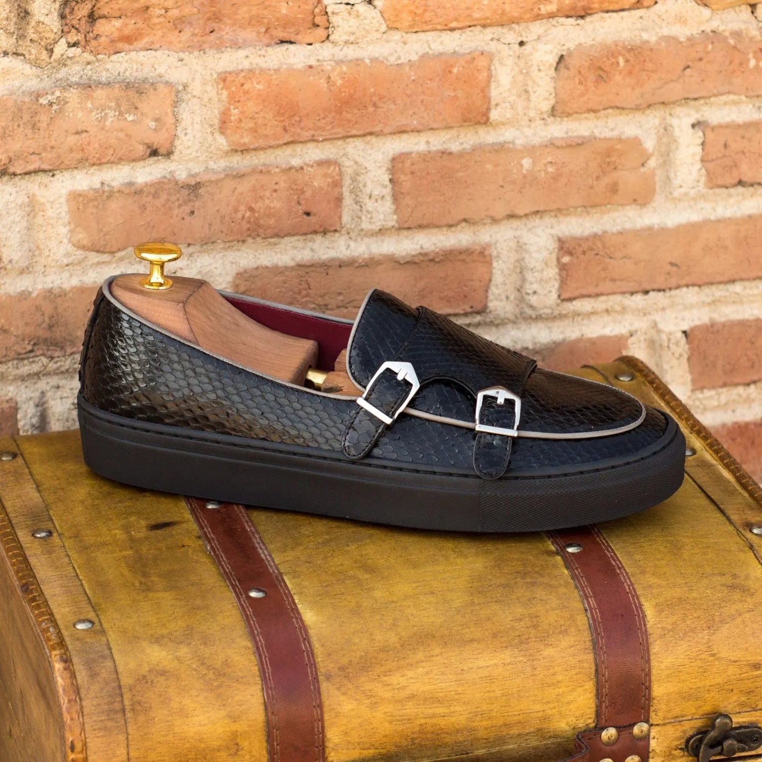 Black Python Double-Monk Sneakers