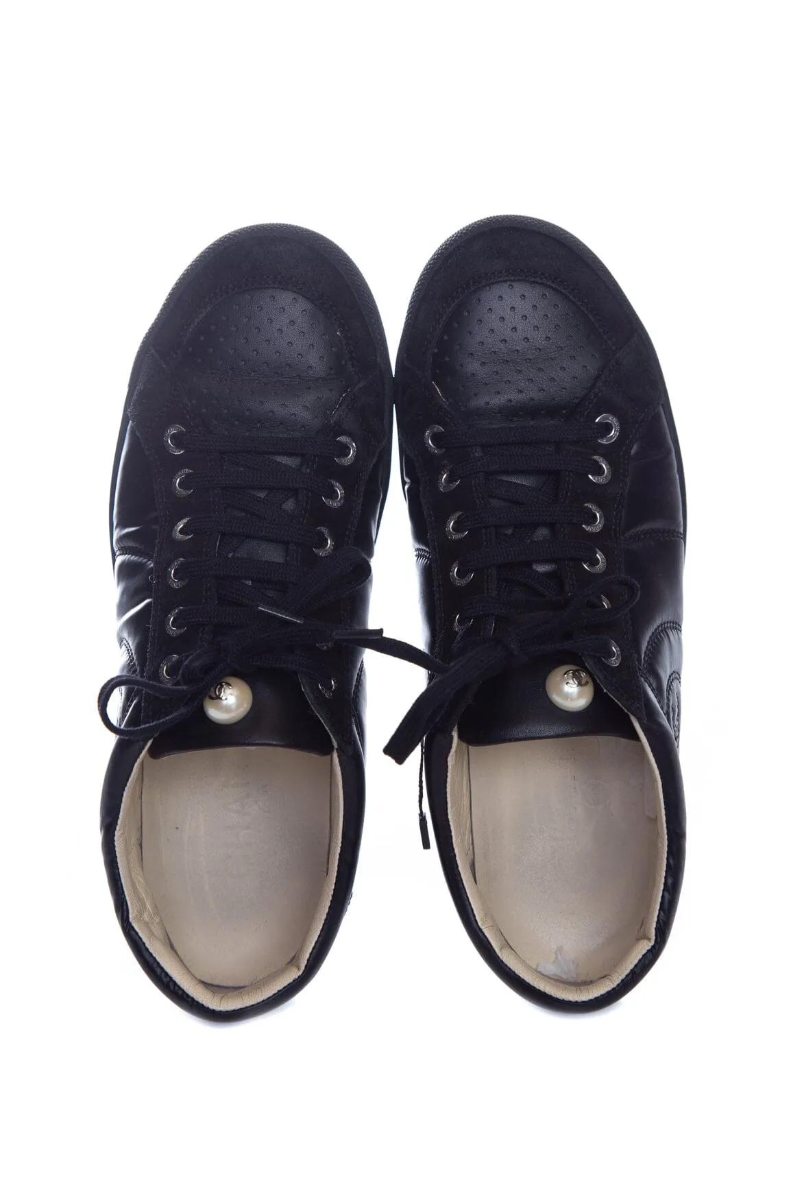 Chanel Black Leather Lace Up CC Sneakers SZ 38.5