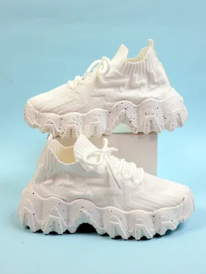 Chevron Lace Up Decor Knit Chunky Sneakers - White