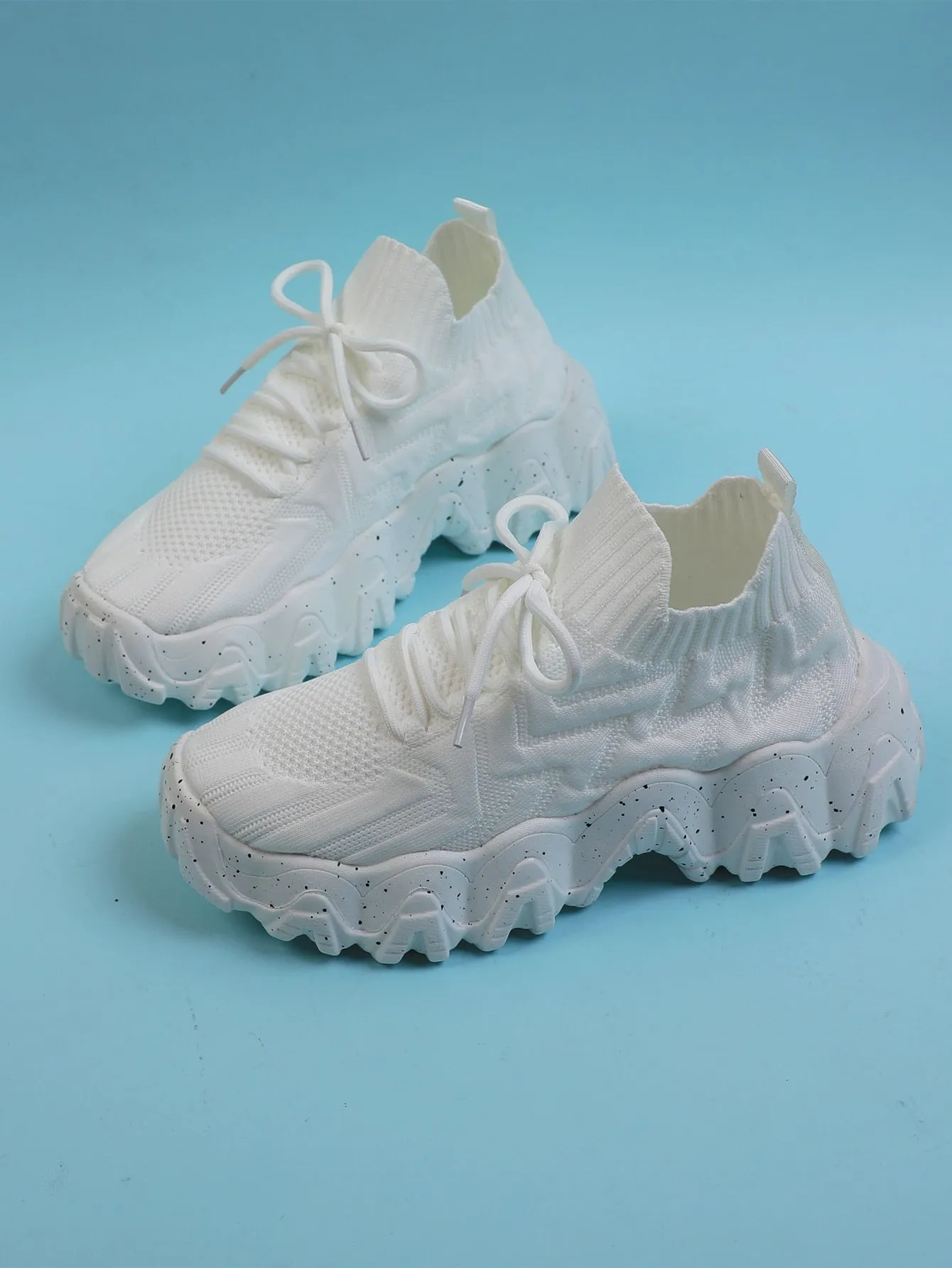 Chevron Lace Up Decor Knit Chunky Sneakers - White