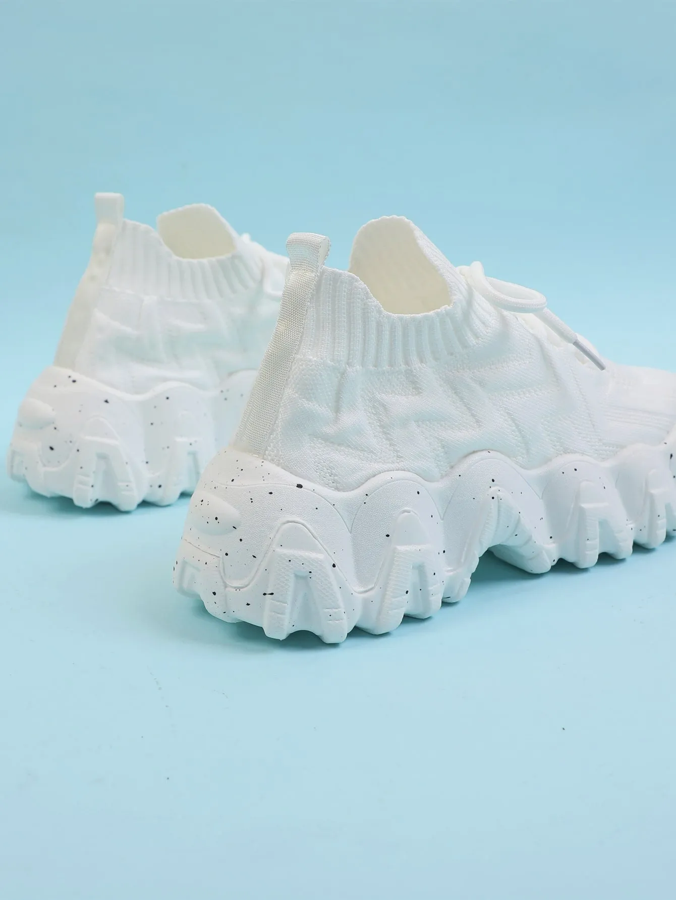 Chevron Lace Up Decor Knit Chunky Sneakers - White