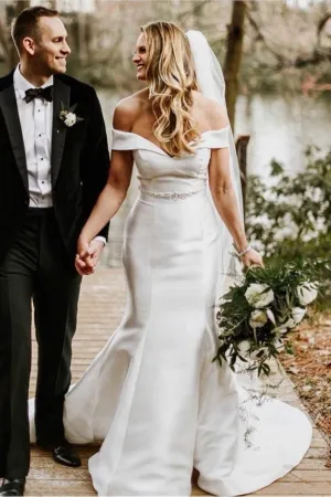 Classic and Modern Off-the-shoulder Wedding Gown with Belt