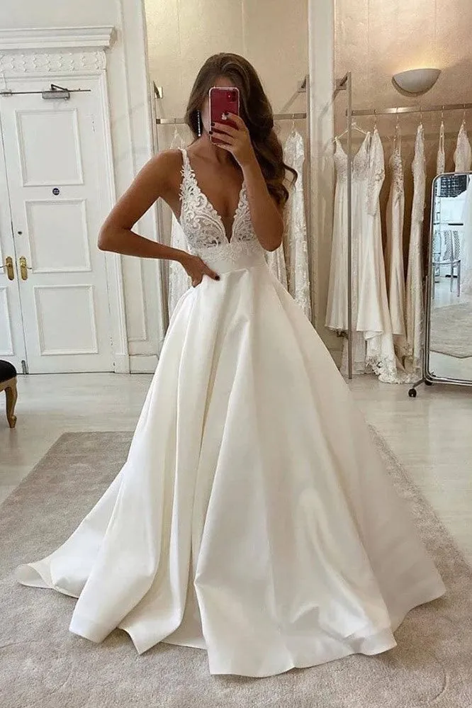 Clean A-line Wedding Gown with Lace and Satin