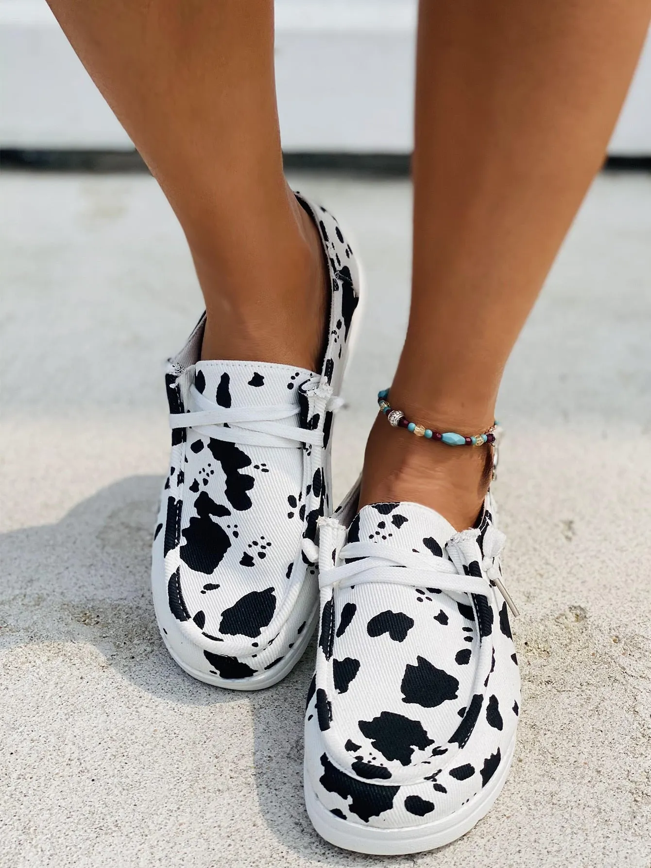 Cow Pattern Lace-up Front Sneakers -  Black and White- FD ⚡