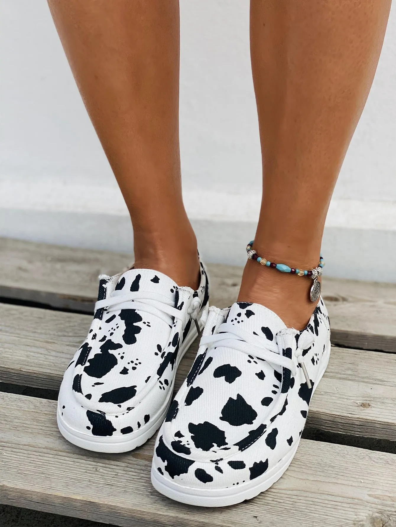 Cow Pattern Lace-up Front Sneakers -  Black and White- FD ⚡