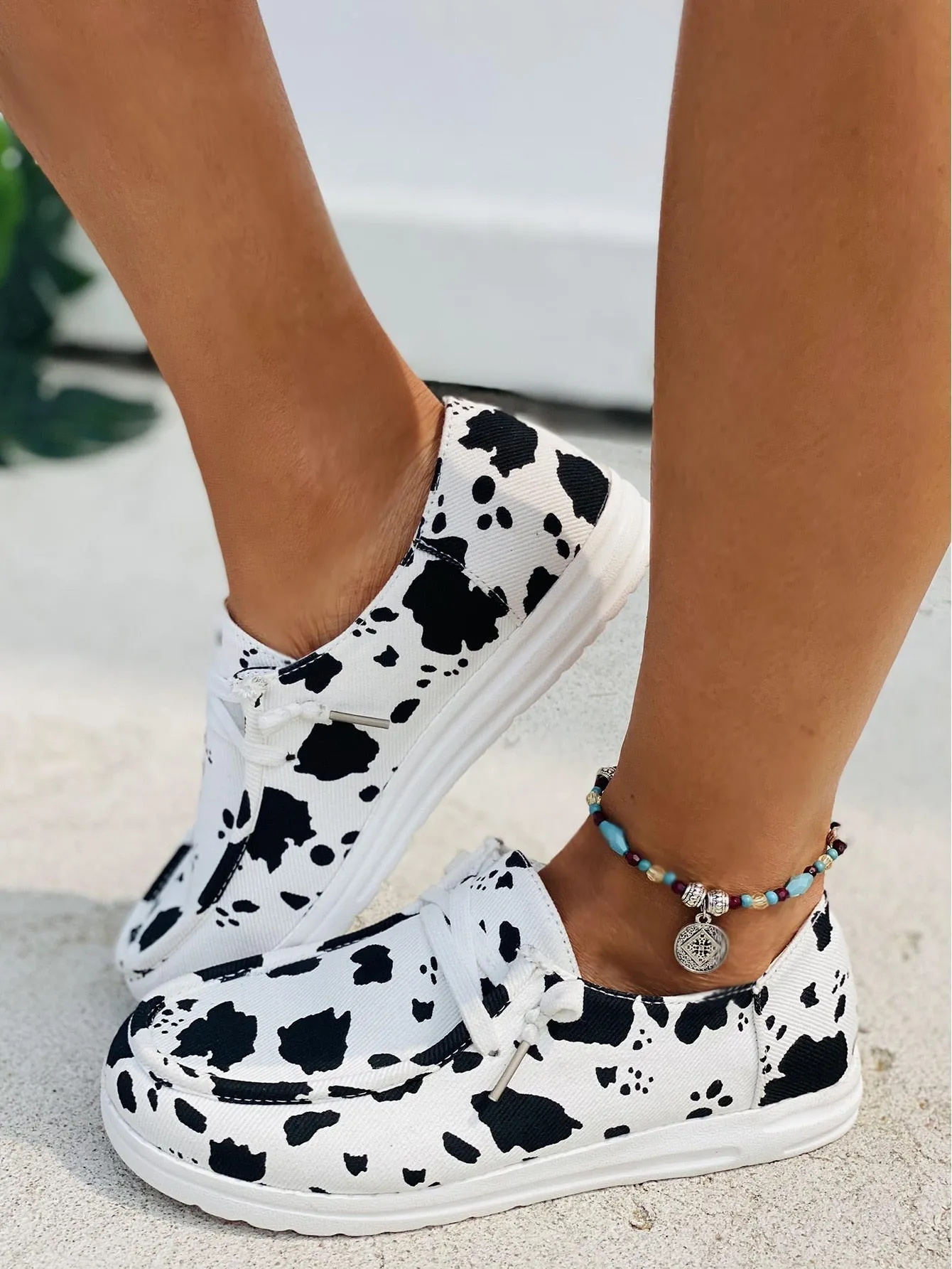 Cow Pattern Lace-up Front Sneakers -  Black and White- FD ⚡