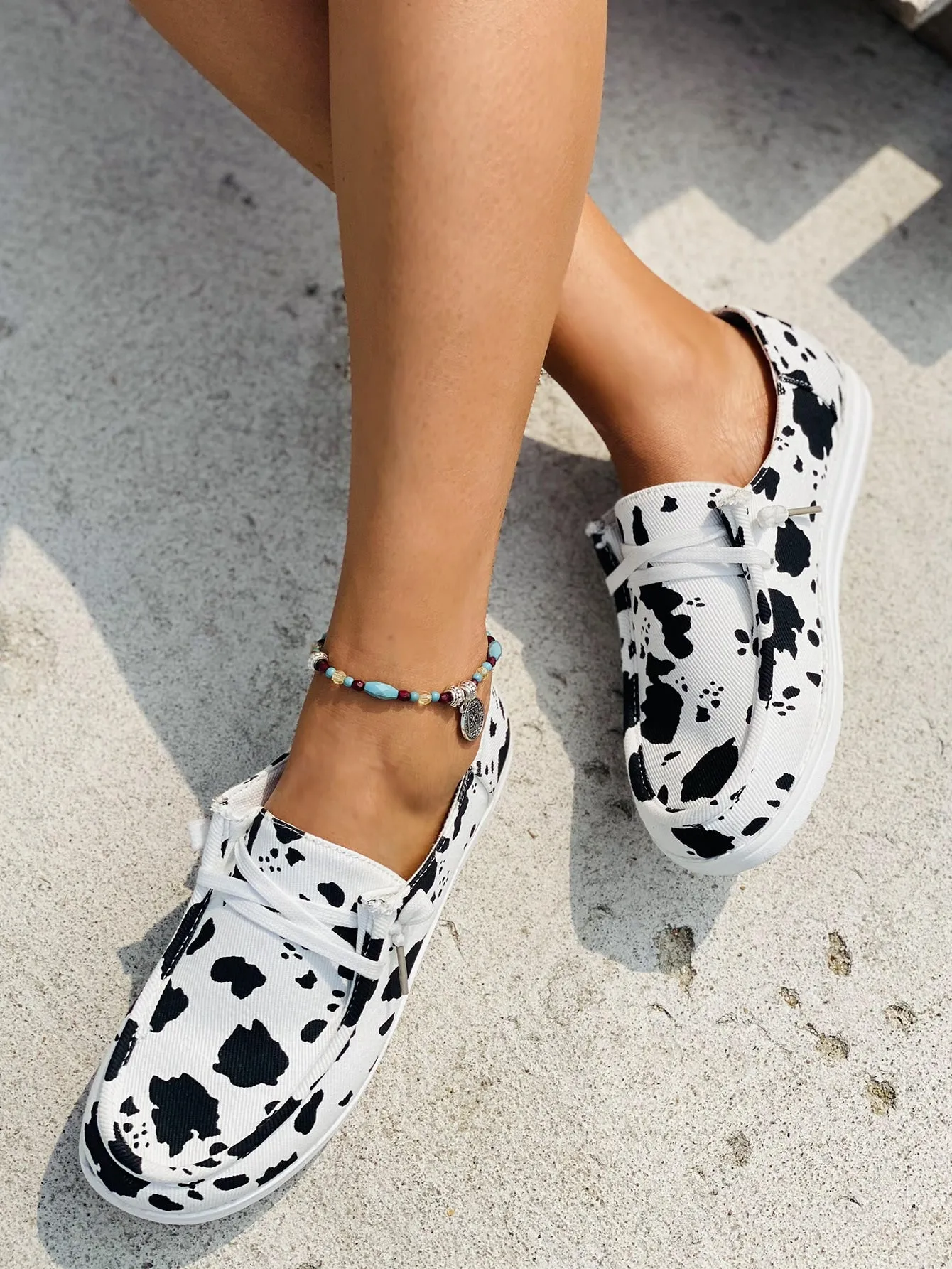 Cow Pattern Lace-up Front Sneakers -  Black and White- FD ⚡