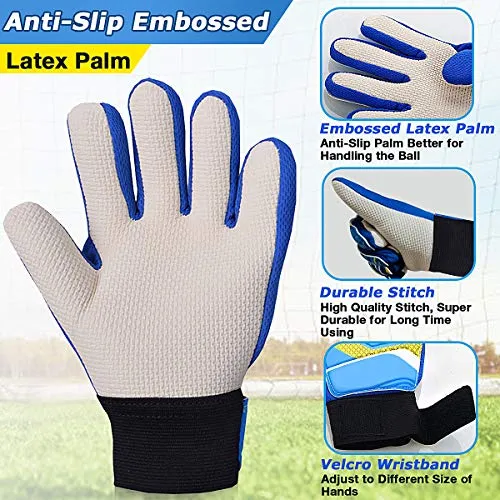 Goalkeeper Goalie Soccer Gloves - Kids & Youth Football Goal Keeper Gloves with Embossed Anti-Slip Latex Palm and Soft PU Hand Back (Blue, 7)