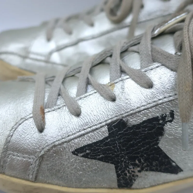 Golden Goose Superstar Flag Sneakers Silver Metallic Leather Size 38