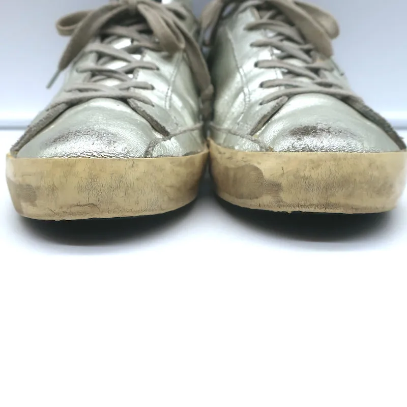 Golden Goose Superstar Flag Sneakers Silver Metallic Leather Size 38