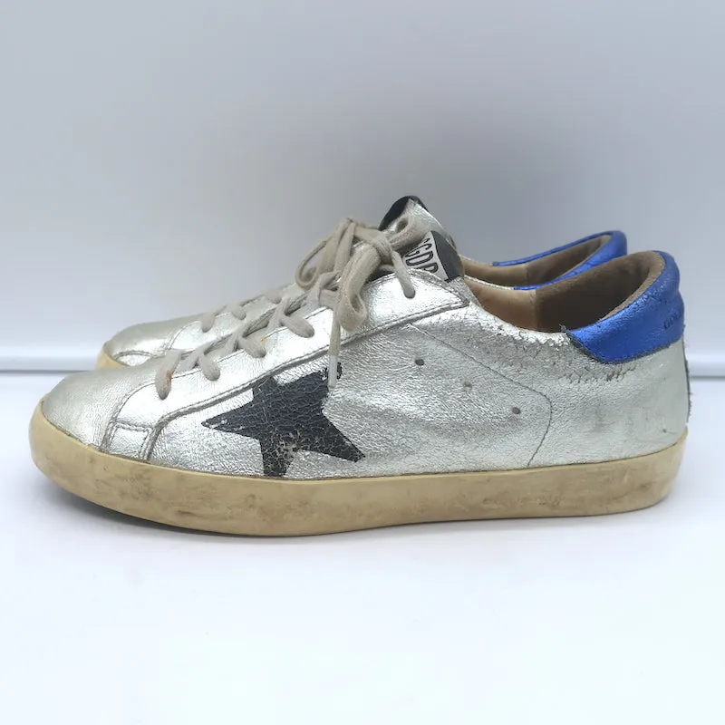 Golden Goose Superstar Flag Sneakers Silver Metallic Leather Size 38