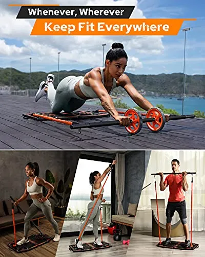 Gonex Portable Home Gym Workout Equipment with 14 Exercise Accessories Ab Roller Wheel,Elastic Resistance Bands,Push-up Stand,Post Landmine Sleeve and More for Full Body Workouts System,Orange