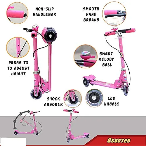 JOYESTA Kick Scooter for Kids 3 Wheeler Foldable Kick Skating Cycle with Brake and Bell, LED on Wheels and Height Adjustable for Boys and Girls for 3-7 Years (Pink)