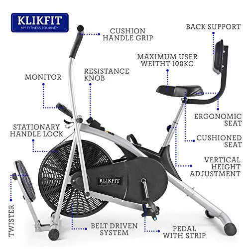 KLIKFIT KF04CM Upright Air Bike Exercise Cycle with Dual Moving Arms for Home Gym Cardio Full Body Weight Loss Workout with Twister & Back Support Free Installation (Silver and Black)