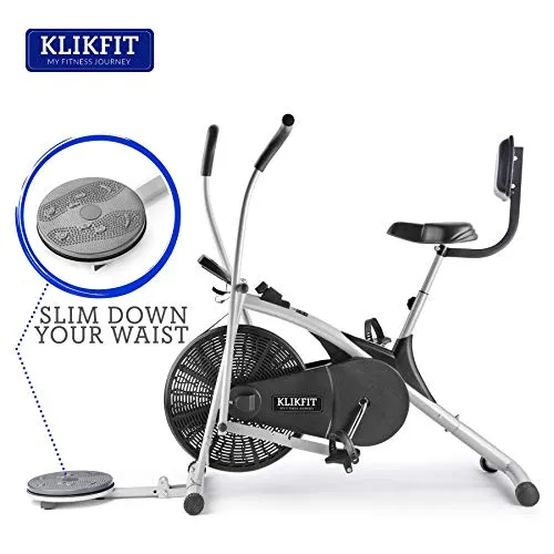 KLIKFIT KF04CM Upright Air Bike Exercise Cycle with Dual Moving Arms for Home Gym Cardio Full Body Weight Loss Workout with Twister & Back Support Free Installation (Silver and Black)