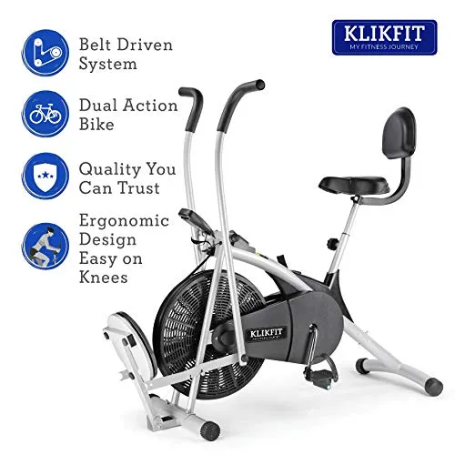 KLIKFIT KF04CM Upright Air Bike Exercise Cycle with Dual Moving Arms for Home Gym Cardio Full Body Weight Loss Workout with Twister & Back Support Free Installation (Silver and Black)