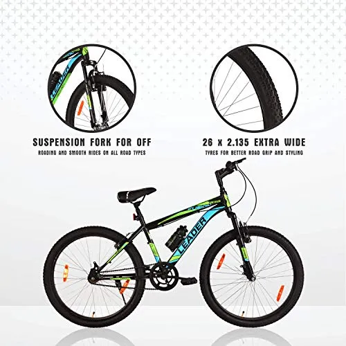 Leader Men's Single Speed & Front Suspension Without Gear Fusion MTB 26T Mountain Bicycle (Black & Green, 18", 26")