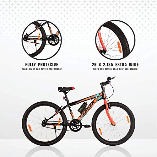 Leader Men's Single Speed Without Gear City Surfer MTB 26T Mountain Bicycle (Black & Orange, Above 10 Years, 18", 26")