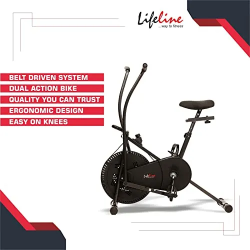 Lifeline Fitness LE-103 Air Bike Exercise Indoor Cycle with Moving and Stationary Handles for Home Gym Workout with Vertically and Horizontally Adjustable Seat, Adjustable Resistance, LCD Display for Weight Loss at Home