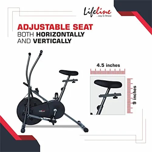 Lifeline Fitness LE-103 Air Bike Exercise Indoor Cycle with Moving and Stationary Handles for Home Gym Workout with Vertically and Horizontally Adjustable Seat, Adjustable Resistance, LCD Display for Weight Loss at Home