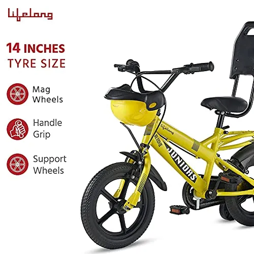 Lifelong LLBC1401 Juniors Ride Cycle 14T with ‎Training Wheel, Mudguard for Boys and Girls| 95% Assembled, Frame Size: 9" | Ideal Height : 3 ft   |Lifelong Cycle Ideal for 2 to 5 Years (Yellow)
