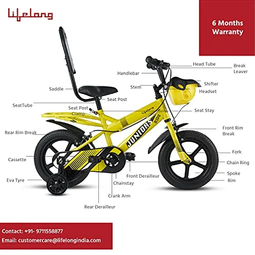 Lifelong LLBC1401 Juniors Ride Cycle 14T with ‎Training Wheel, Mudguard for Boys and Girls| 95% Assembled, Frame Size: 9" | Ideal Height : 3 ft   |Lifelong Cycle Ideal for 2 to 5 Years (Yellow)
