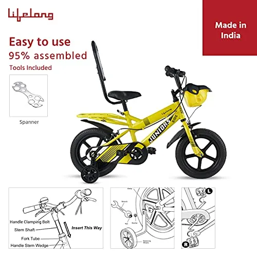 Lifelong LLBC1401 Juniors Ride Cycle 14T with ‎Training Wheel, Mudguard for Boys and Girls| 95% Assembled, Frame Size: 9" | Ideal Height : 3 ft   |Lifelong Cycle Ideal for 2 to 5 Years (Yellow)