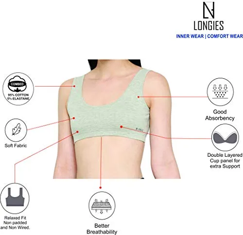 Longies Women Regular Fit Sports Bra (LGSBPO3001_Large_Beige,Black,Blue)