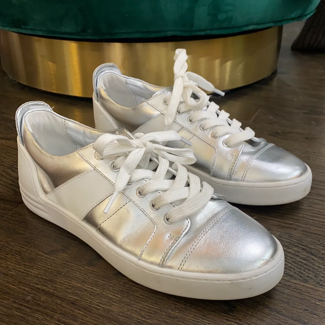 Marc Fisher Ltd Silver and White Leather Sneakers