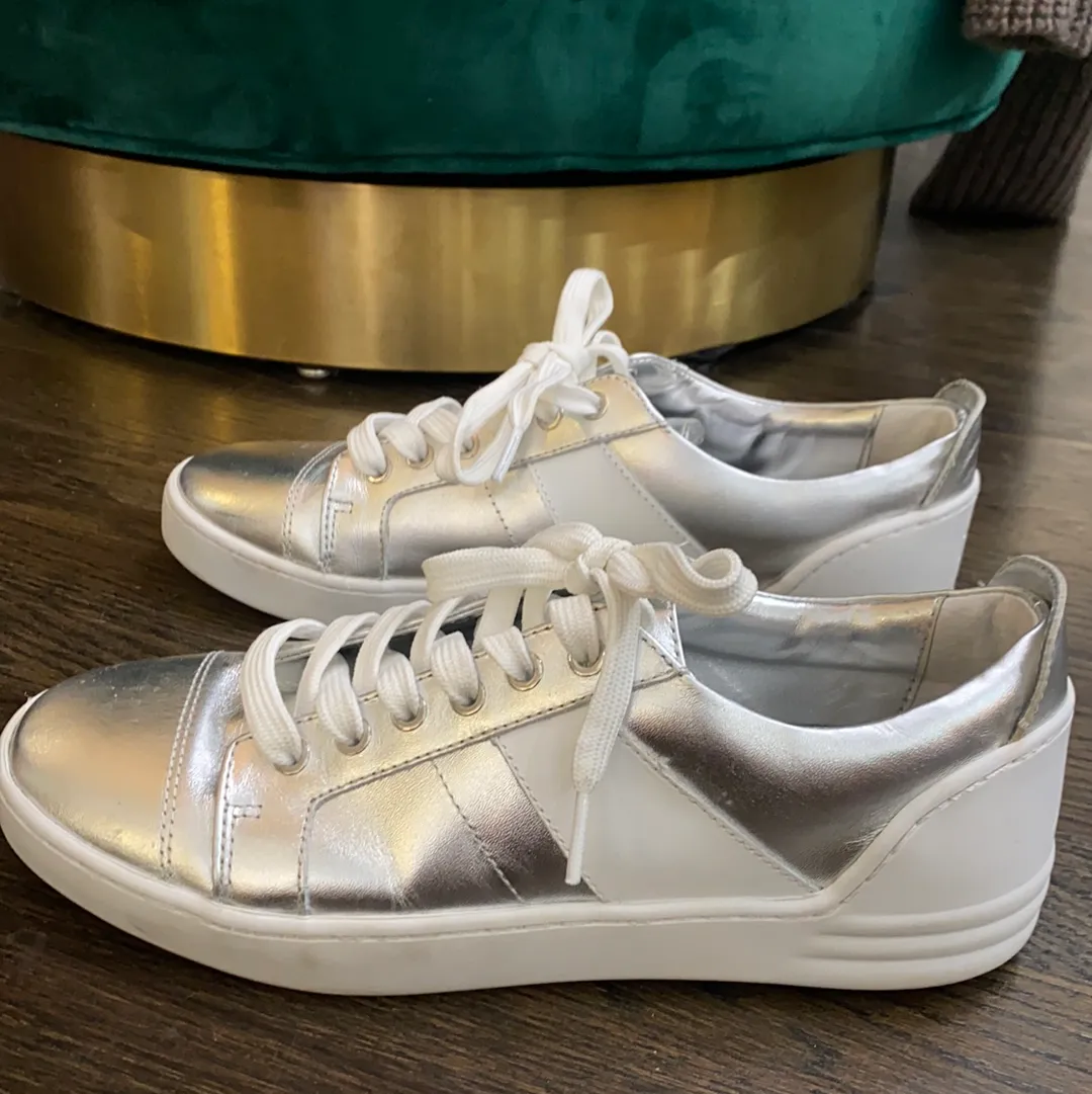 Marc Fisher Ltd Silver and White Leather Sneakers