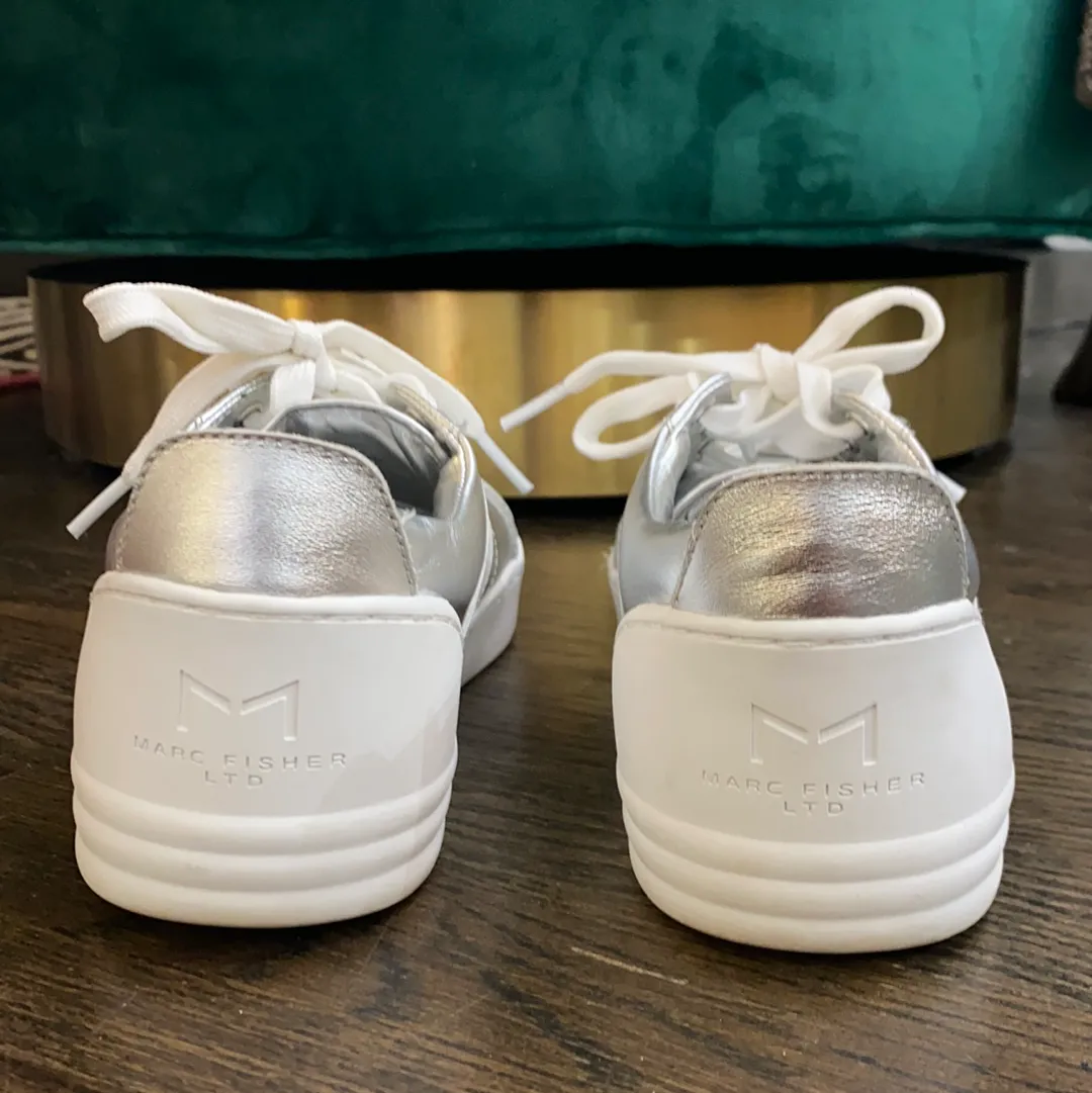 Marc Fisher Ltd Silver and White Leather Sneakers