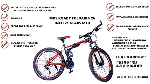 MDS Unlimited CYCLES ROADY 26 inches 21 Shimano Gear Dual Suspension 18 Inches Steel Frame Double Disc Brake Foldable MTB Mountain Bike Cycle for Unisex (Black Red )