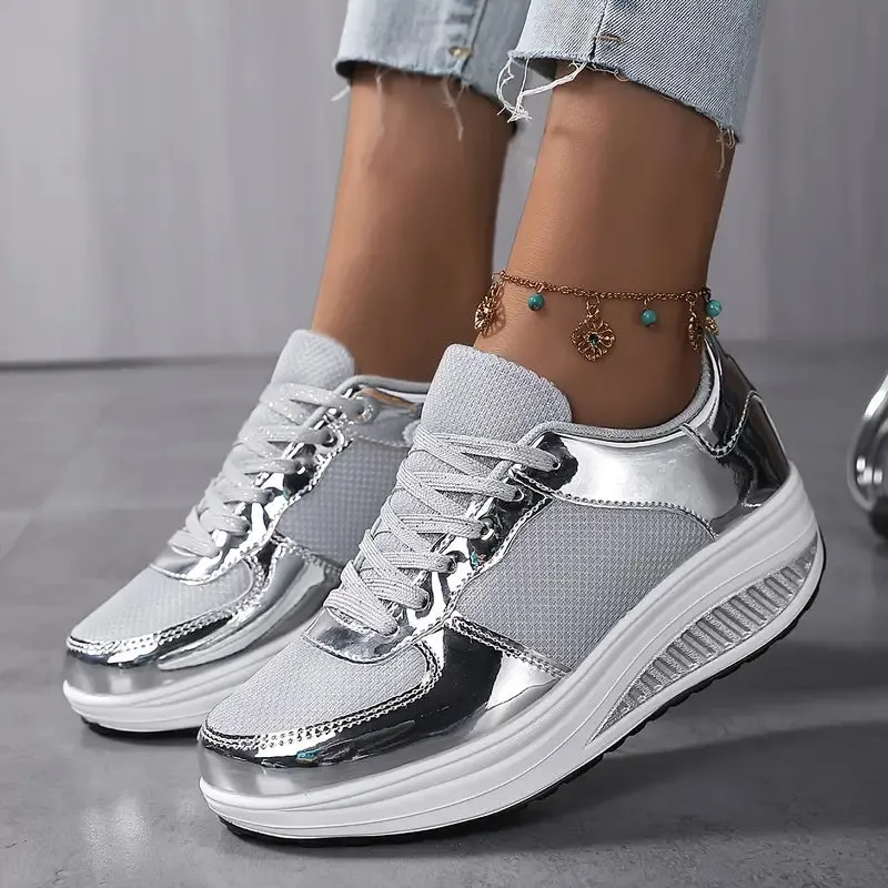 Metallic Platform Wedge Sneakers