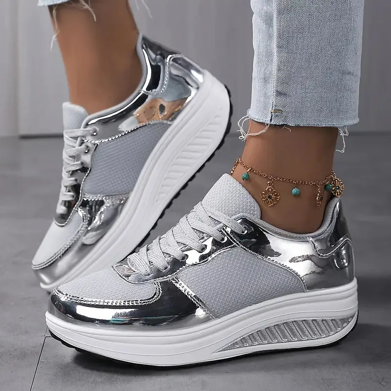 Metallic Platform Wedge Sneakers