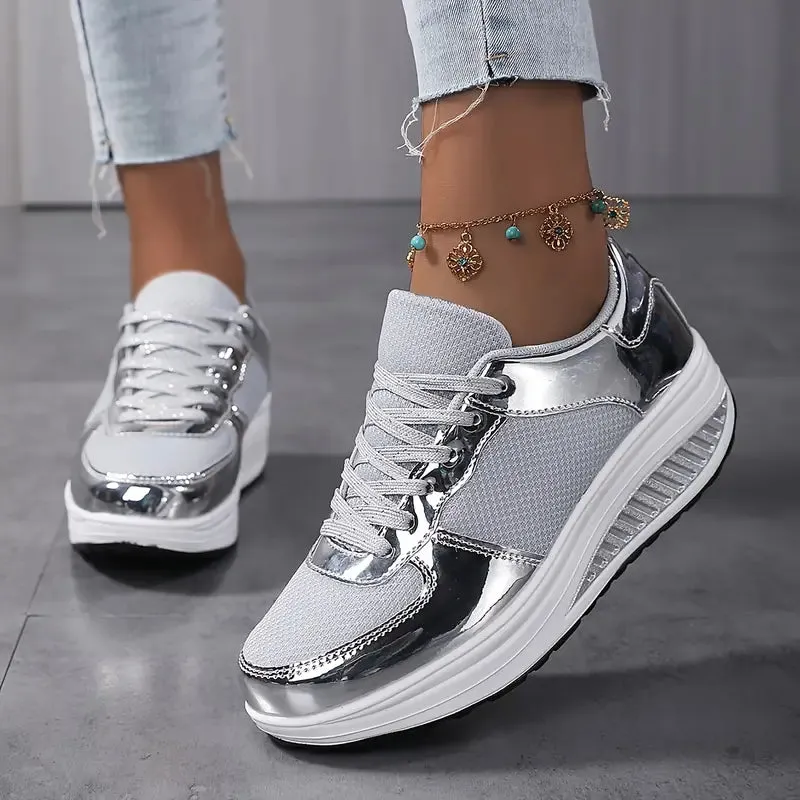 Metallic Platform Wedge Sneakers