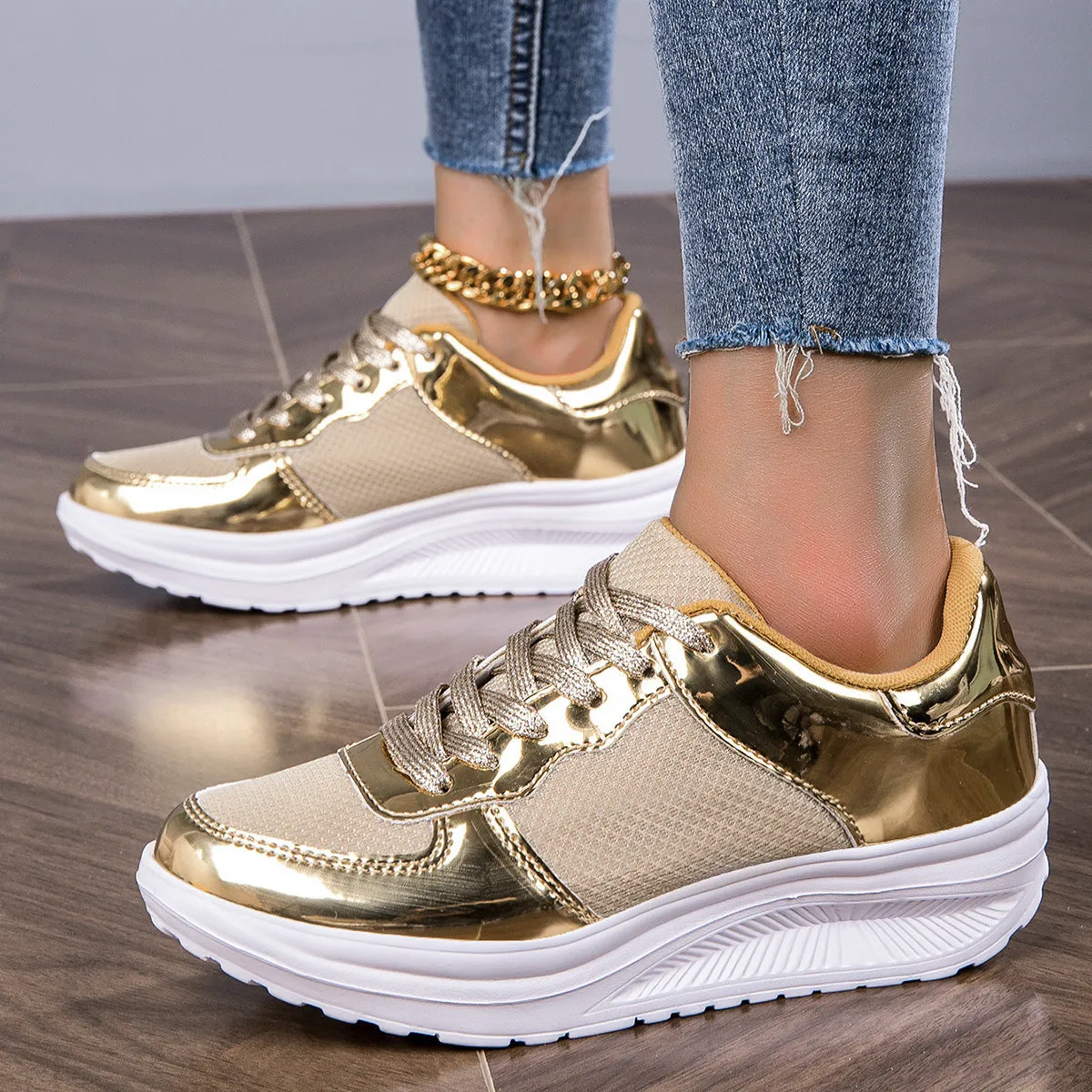 Metallic Platform Wedge Sneakers