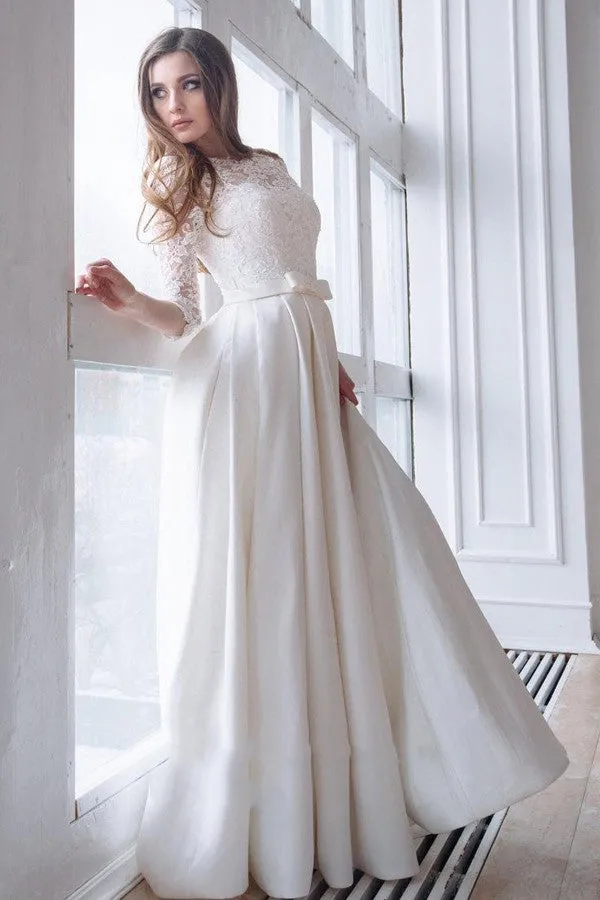 Modest Lace Satin Wedding Gown with Three Quarter Sleeves