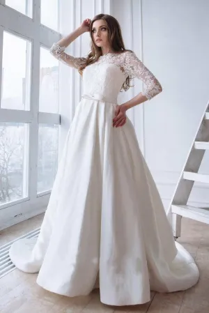 Modest Lace Satin Wedding Gown with Three Quarter Sleeves